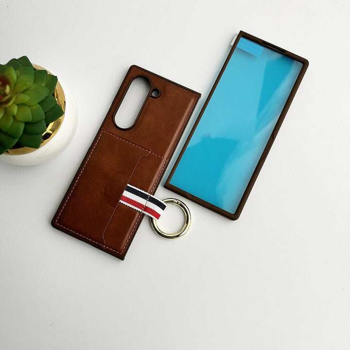 FRATO Fold 6 Collection Brown Samsung Galaxy Z Fold 6 PU Leather Card Holder Loop Front Screen Protector Case Cover