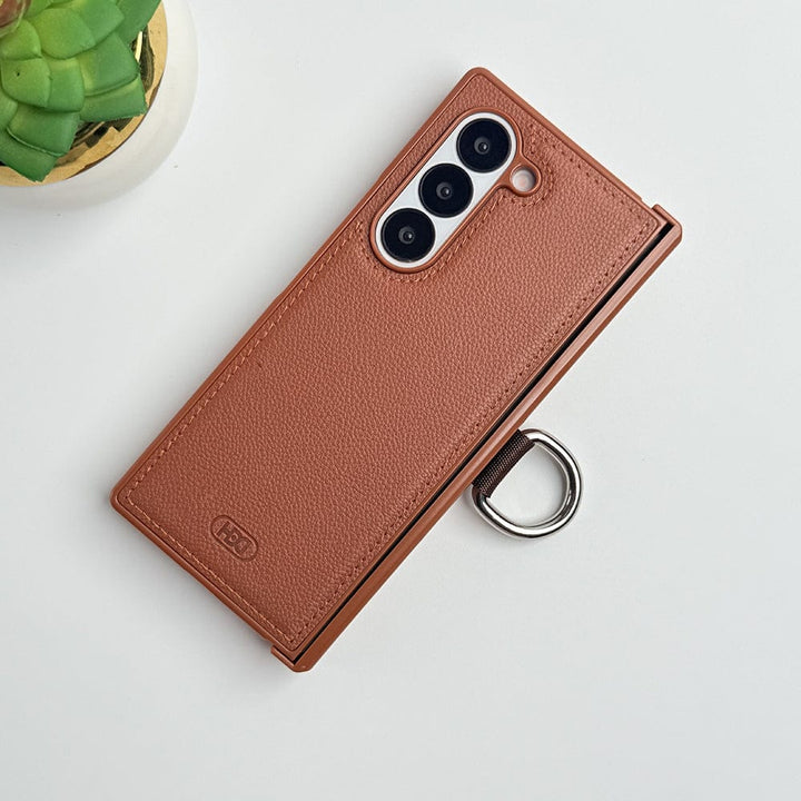 FRATO Fold 6 Collection Brown Samsung Galaxy Z Fold 6 PU Leather Hinge Protection Metal Ring Case Cover
