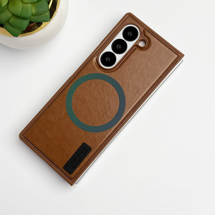 FRATO Fold 6 Collection Brown Samsung Galaxy Z fold 6 PU Leather Strong Magnetic MagSafe Ring Cover