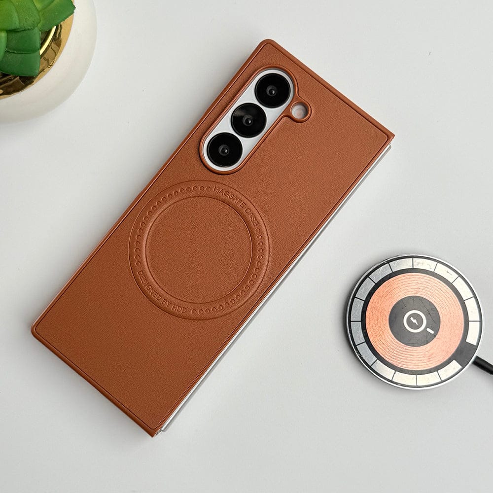 FRATO Fold 6 Collection Brown Samsung Galaxy Z Fold 6 PU Leather Strong Magnetic Ring Cover