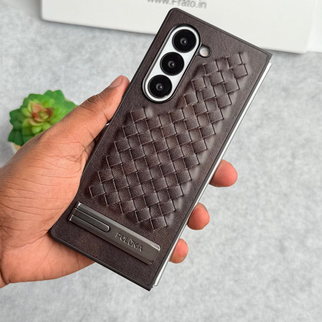 FRATO Fold 6 Collection Brown Samsung Galaxy Z Fold 6 PU Weave Leather with Metal Kickstand Slim Back Cover