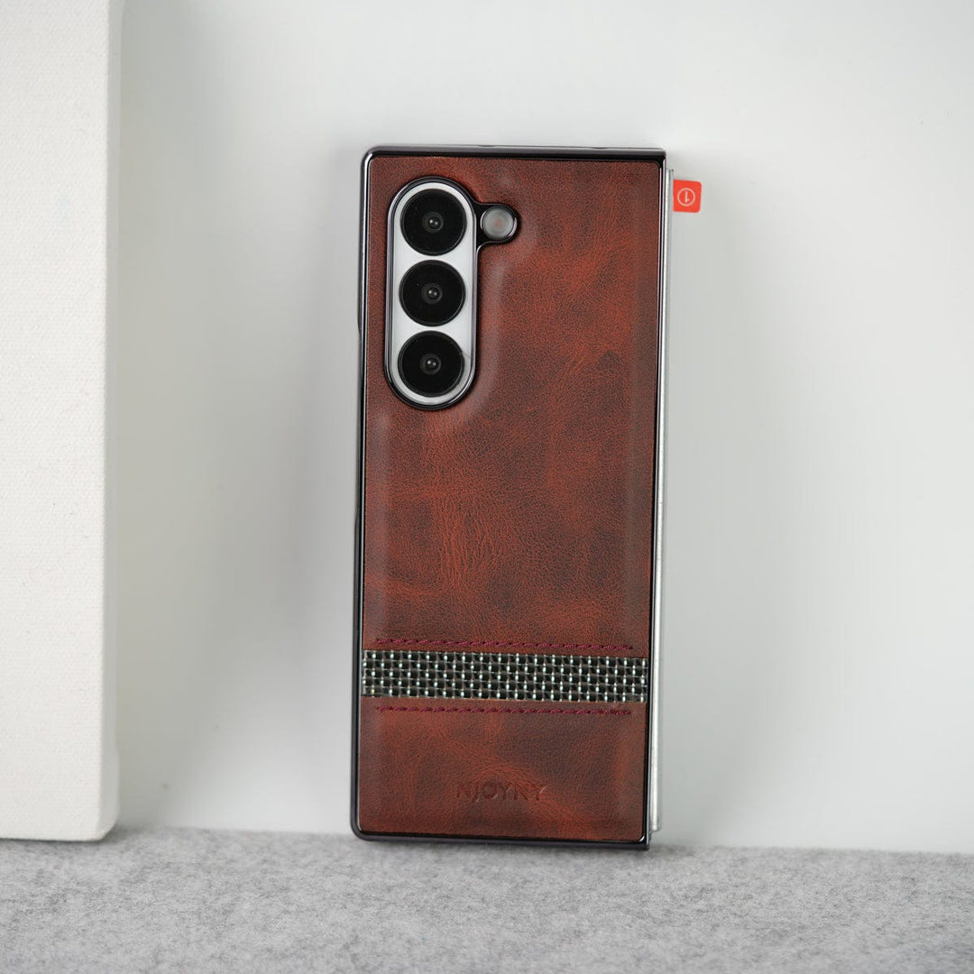 FRATO Fold 6 Collection Brown Samsung Galaxy Z Fold 6 Stripe PU Leather Side Chrome Case With Front Glass