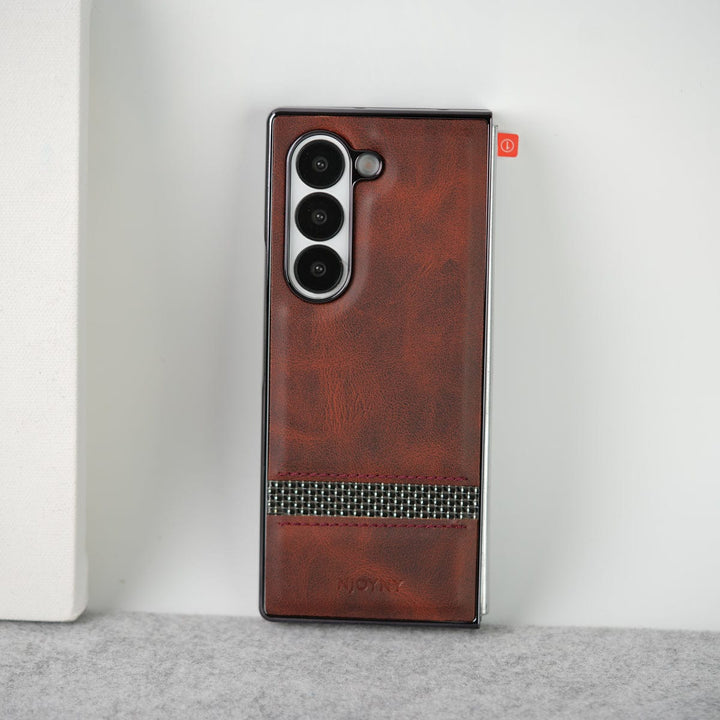 FRATO Fold 6 Collection Brown Samsung Galaxy Z Fold 6 Stripe PU Leather Side Chrome Case With Front Glass