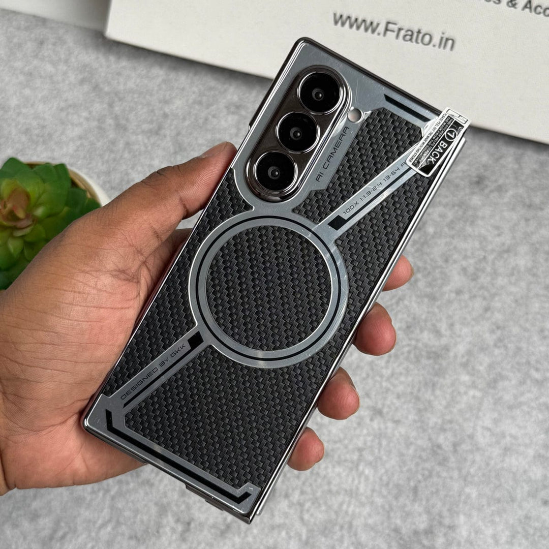 FRATO Fold 6 Collection Carbon Fiber Design Samsung Galaxy Z Fold 6 Z Shape Electroplated Magnetic PU Leather Wireless Charging Case Cover