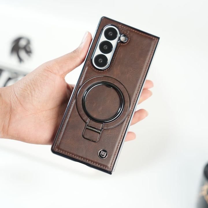 FRATO Fold 6 Collection Dark Brown Galaxy Z Fold 6 Ultra PU Leather Chrome Side Case With Ring Metal Stand