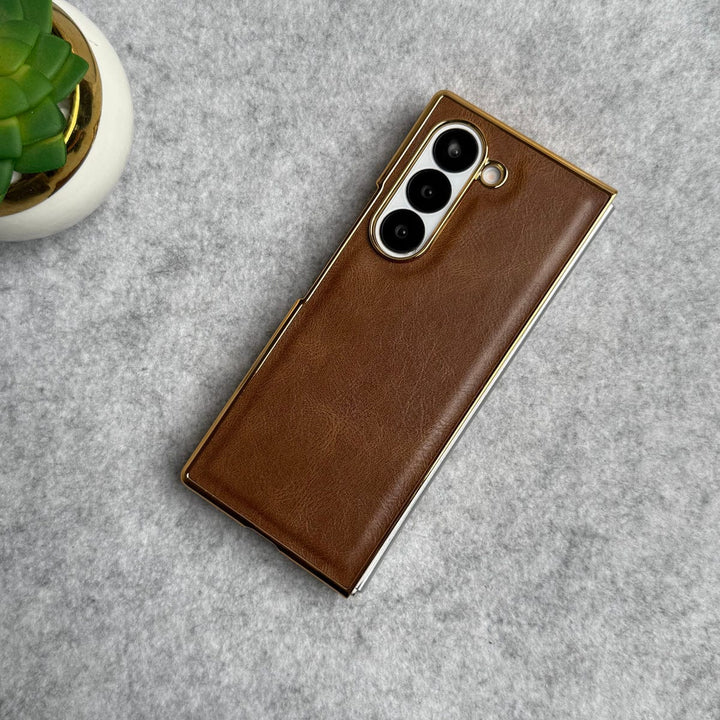 FRATO Fold 6 Collection Dark Brown Samsung Galaxy Z Fold 6 PU Leather Chrome Plated Front Screen Protector Case Cover