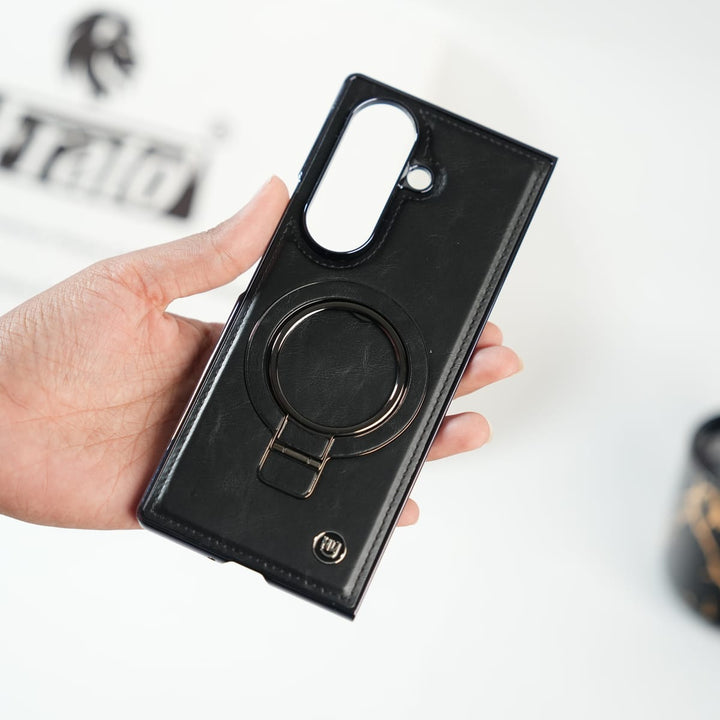 FRATO Fold 6 Collection Galaxy Z Fold 6 Ultra PU Leather Chrome Side Case With Ring Metal Stand