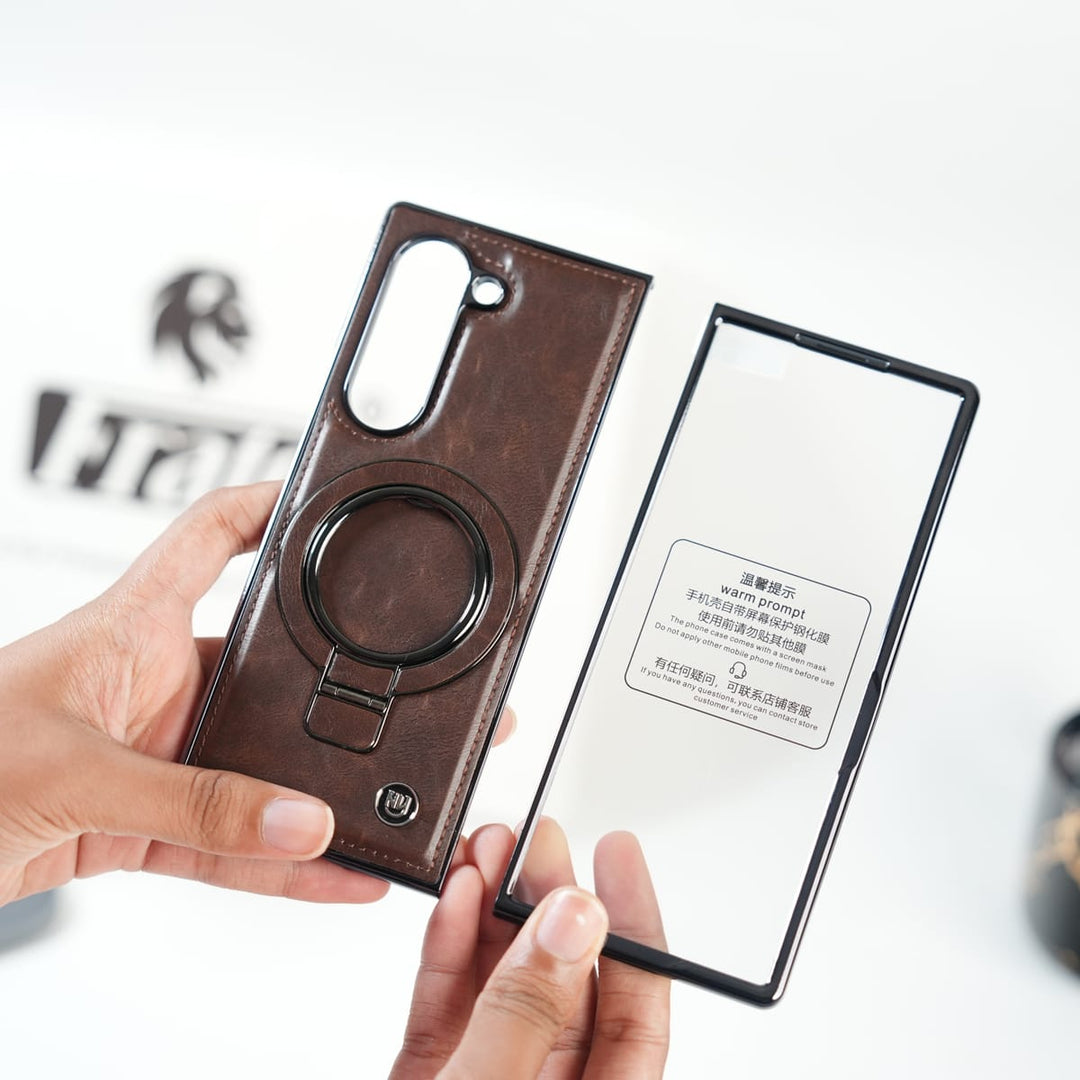 FRATO Fold 6 Collection Galaxy Z Fold 6 Ultra PU Leather Chrome Side Case With Ring Metal Stand