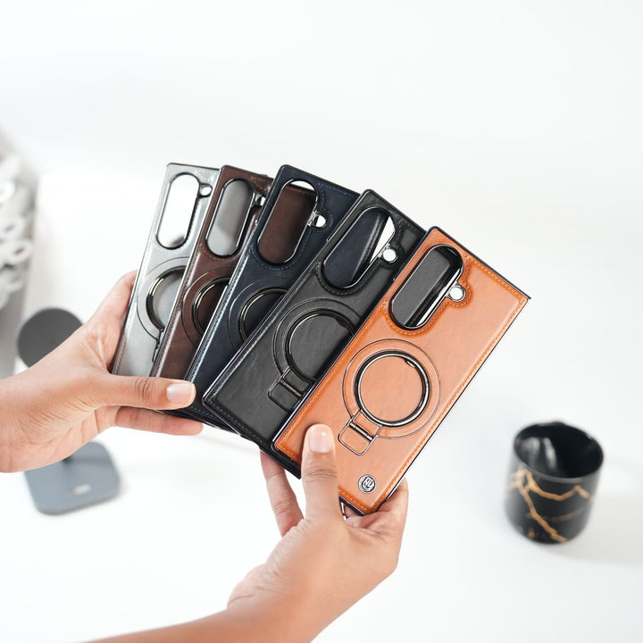 FRATO Fold 6 Collection Galaxy Z Fold 6 Ultra PU Leather Chrome Side Case With Ring Metal Stand