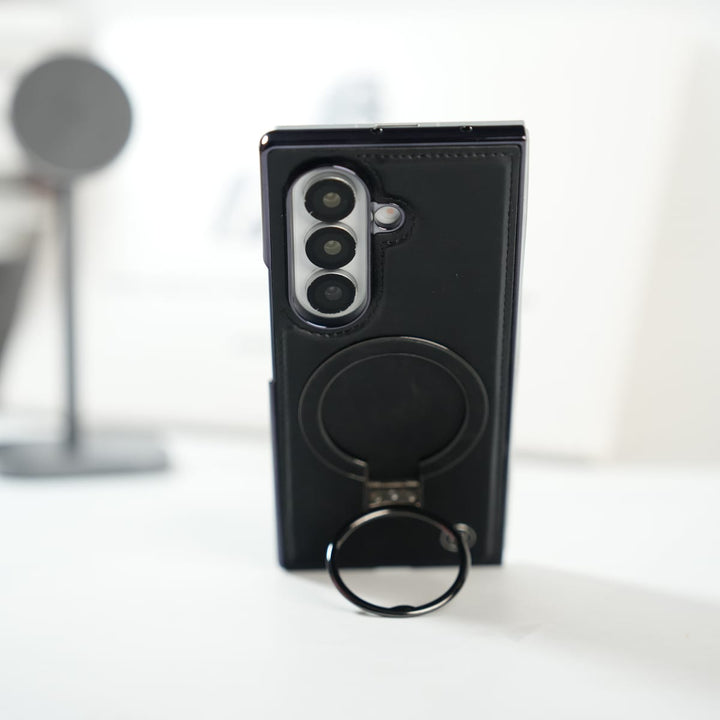 FRATO Fold 6 Collection Galaxy Z Fold 6 Ultra PU Leather Chrome Side Case With Ring Metal Stand