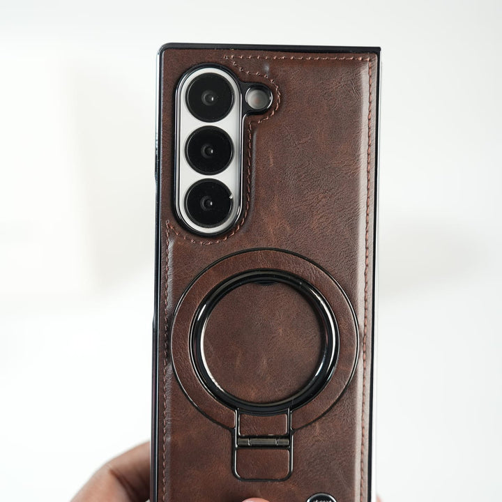 FRATO Fold 6 Collection Galaxy Z Fold 6 Ultra PU Leather Chrome Side Case With Ring Metal Stand