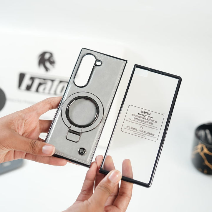 FRATO Fold 6 Collection Galaxy Z Fold 6 Ultra PU Leather Chrome Side Case With Ring Metal Stand