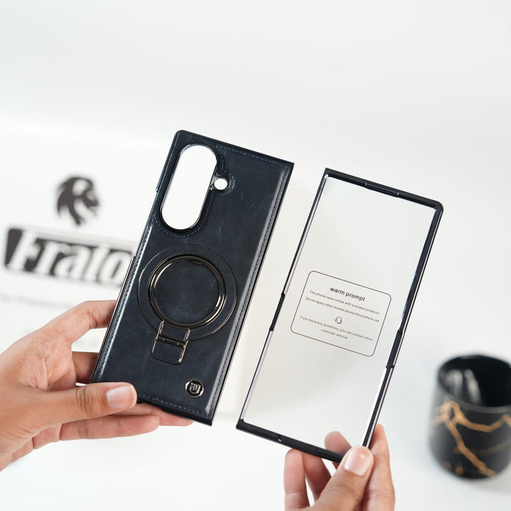 FRATO Fold 6 Collection Galaxy Z Fold 6 Ultra PU Leather Chrome Side Case With Ring Metal Stand
