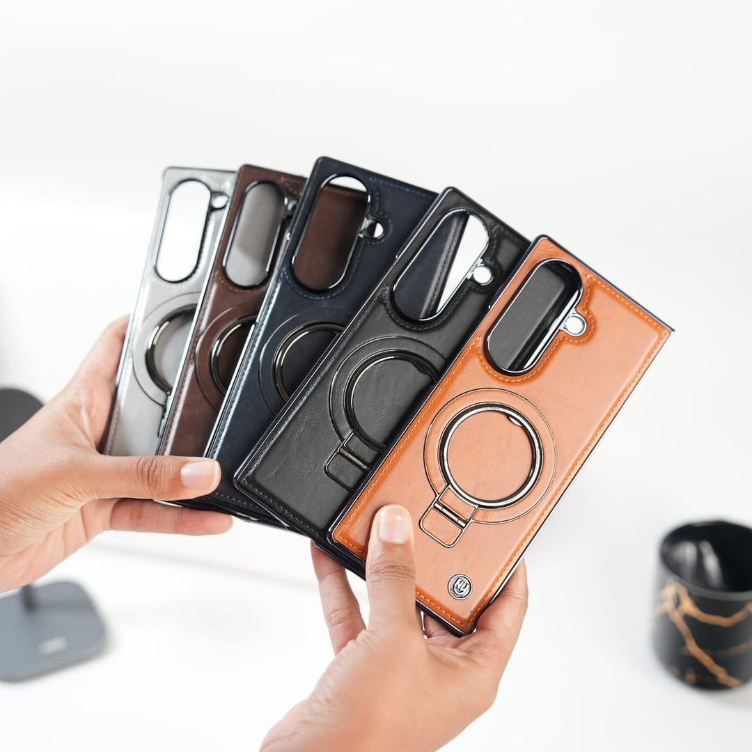 FRATO Fold 6 Collection Galaxy Z Fold 6 Ultra PU Leather Chrome Side Case With Ring Metal Stand
