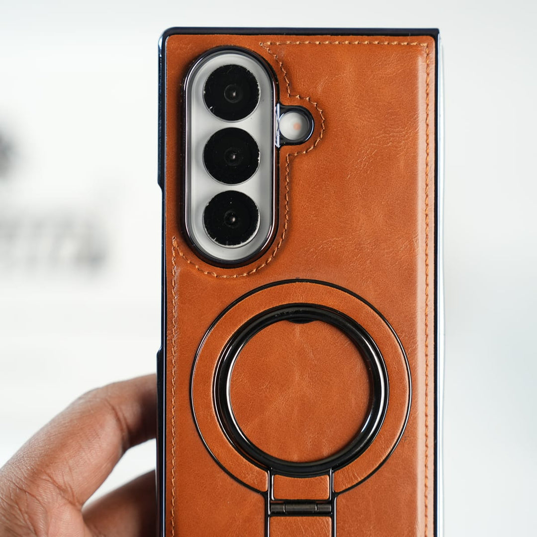 FRATO Fold 6 Collection Galaxy Z Fold 6 Ultra PU Leather Chrome Side Case With Ring Metal Stand