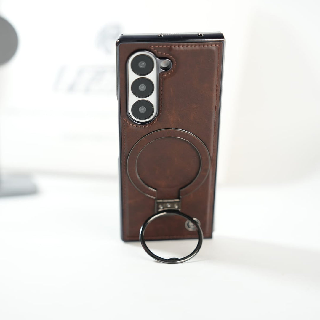 FRATO Fold 6 Collection Galaxy Z Fold 6 Ultra PU Leather Chrome Side Case With Ring Metal Stand
