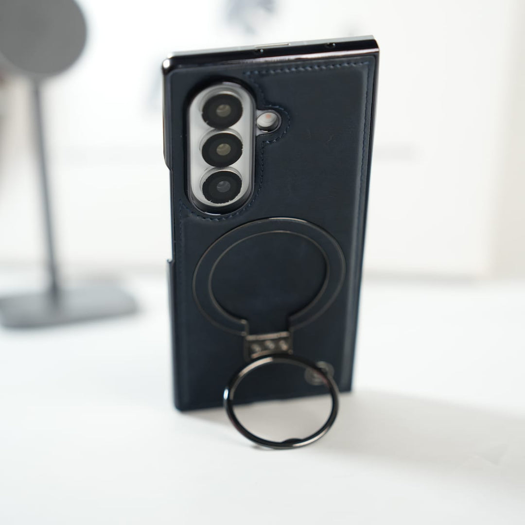 FRATO Fold 6 Collection Galaxy Z Fold 6 Ultra PU Leather Chrome Side Case With Ring Metal Stand