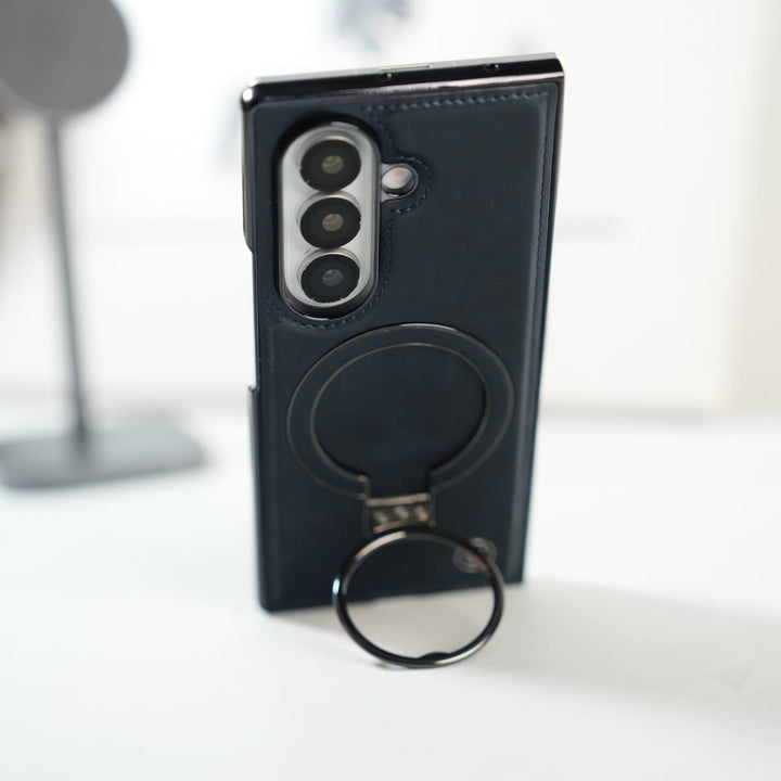 FRATO Fold 6 Collection Galaxy Z Fold 6 Ultra PU Leather Chrome Side Case With Ring Metal Stand