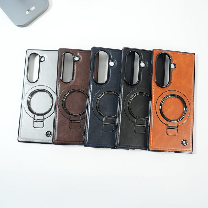 FRATO Fold 6 Collection Galaxy Z Fold 6 Ultra PU Leather Chrome Side Case With Ring Metal Stand