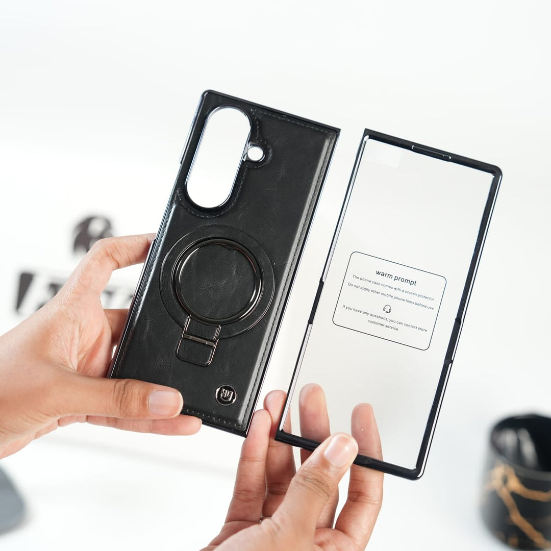 FRATO Fold 6 Collection Galaxy Z Fold 6 Ultra PU Leather Chrome Side Case With Ring Metal Stand