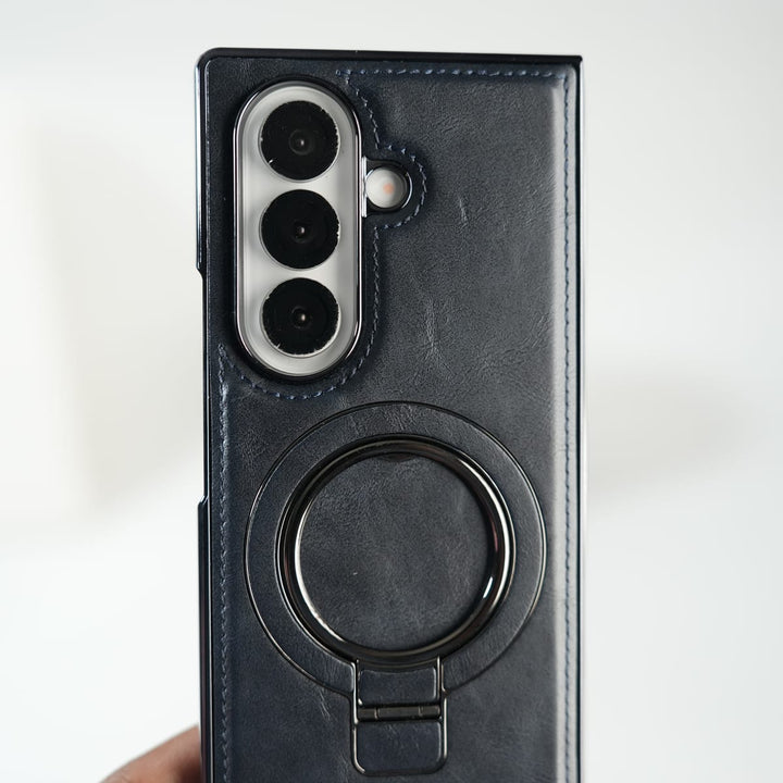 FRATO Fold 6 Collection Galaxy Z Fold 6 Ultra PU Leather Chrome Side Case With Ring Metal Stand