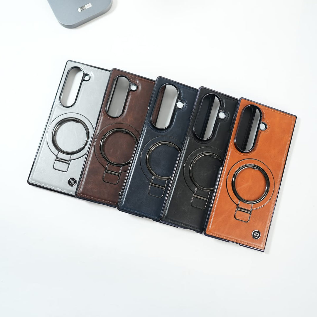FRATO Fold 6 Collection Galaxy Z Fold 6 Ultra PU Leather Chrome Side Case With Ring Metal Stand