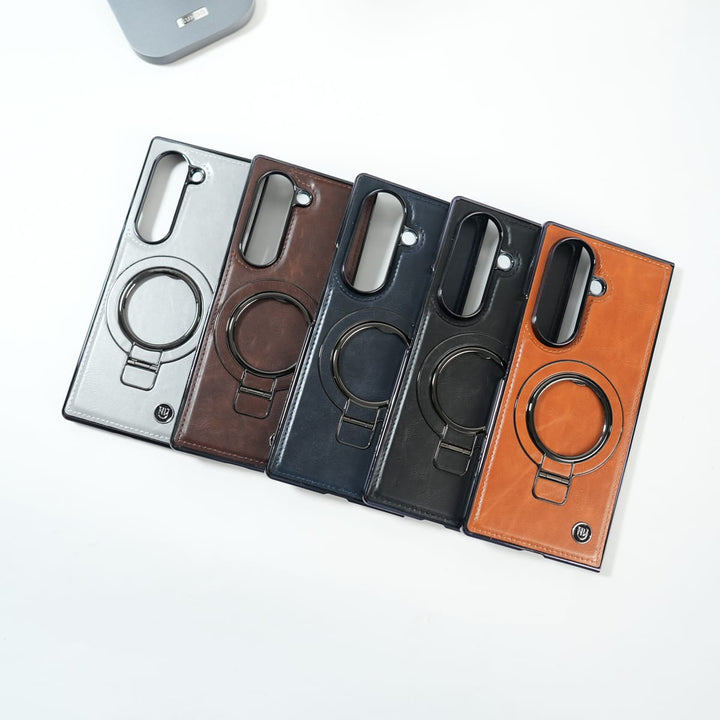 FRATO Fold 6 Collection Galaxy Z Fold 6 Ultra PU Leather Chrome Side Case With Ring Metal Stand