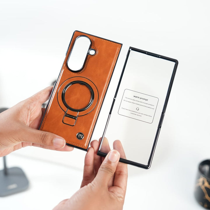 FRATO Fold 6 Collection Galaxy Z Fold 6 Ultra PU Leather Chrome Side Case With Ring Metal Stand