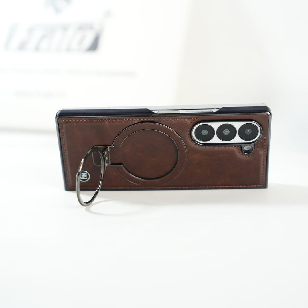 FRATO Fold 6 Collection Galaxy Z Fold 6 Ultra PU Leather Chrome Side Case With Ring Metal Stand