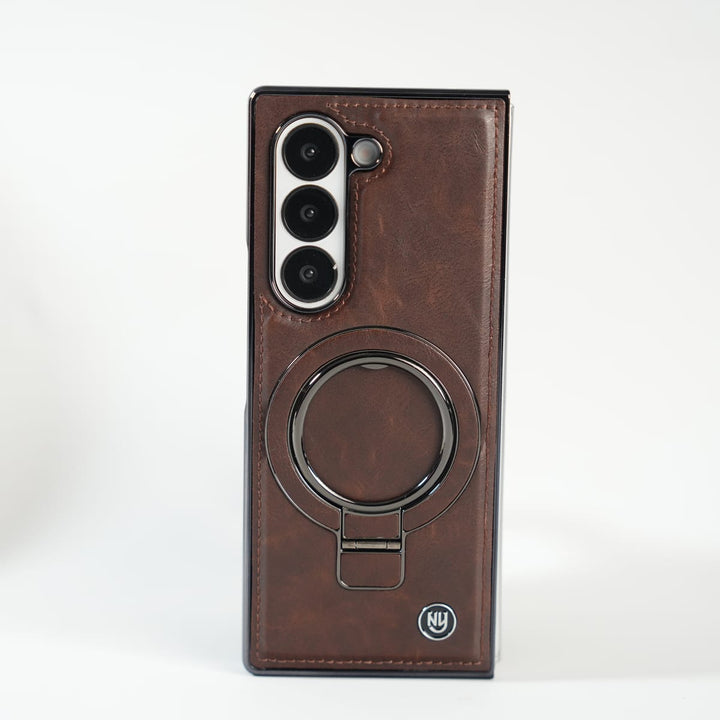 FRATO Fold 6 Collection Galaxy Z Fold 6 Ultra PU Leather Chrome Side Case With Ring Metal Stand