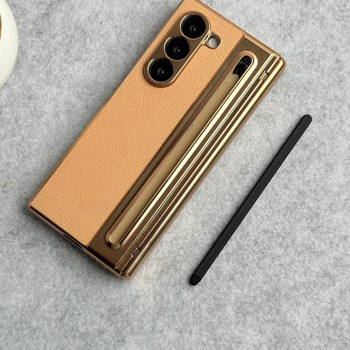 FRATO Fold 6 Collection Golden Samsung Galaxy Z Fold 5 Leather Plating front Glass Protection Hinge Case Folding Cover
