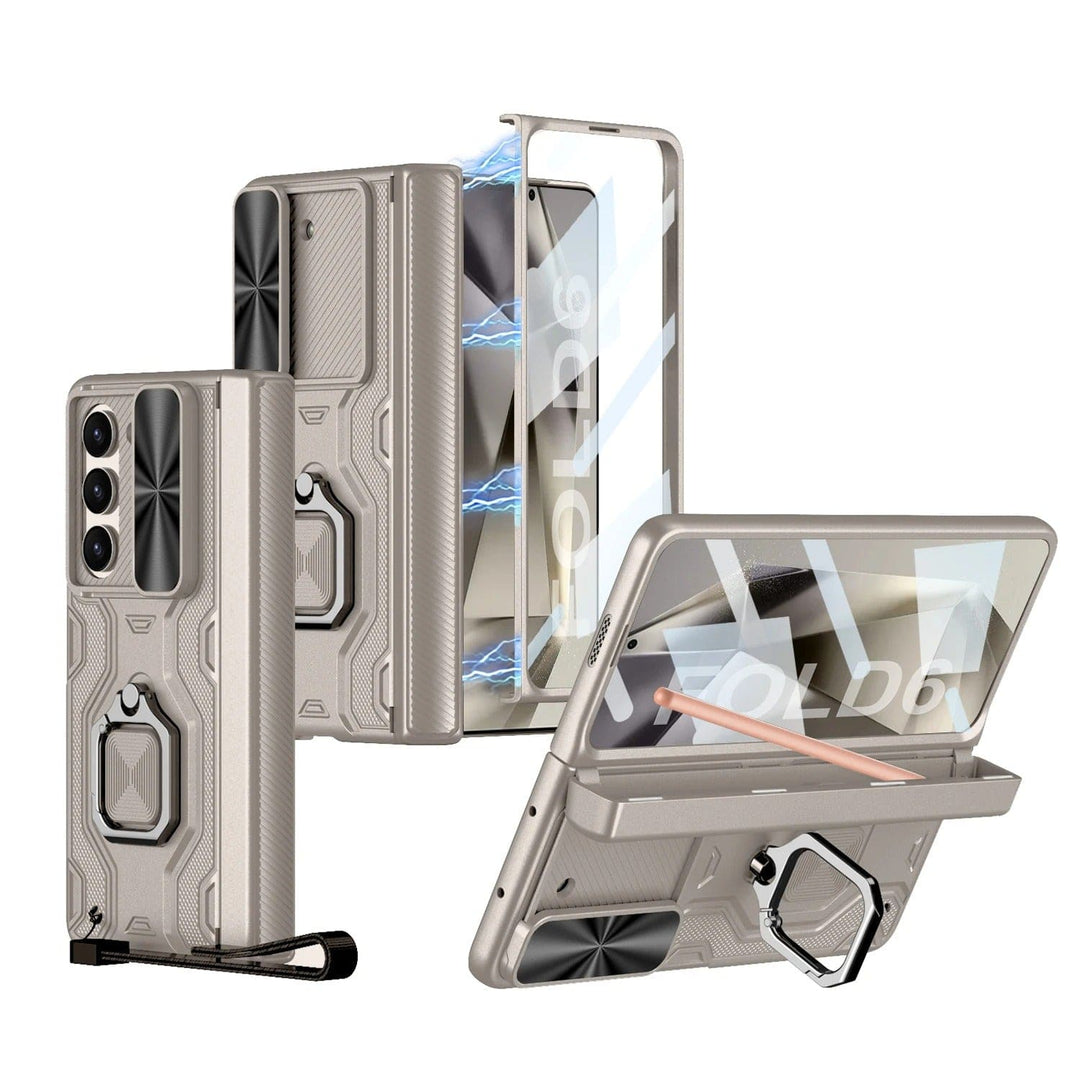 FRATO Fold 6 Collection Golden Samsung Galaxy Z Fold 6 Armor Magnetic Hinge Camera Protection Pen Holder Stand With Film Cover