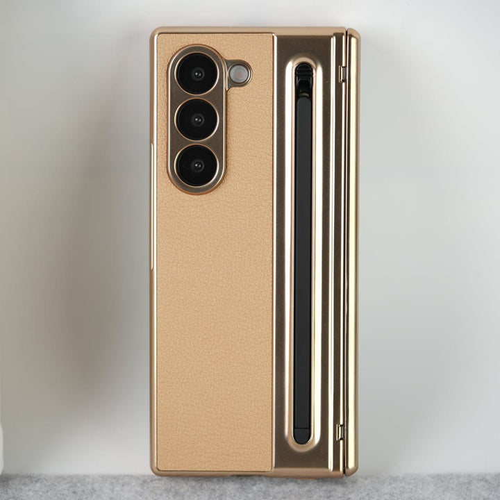 FRATO Fold 6 Collection Golden Samsung Galaxy Z Fold 6 Leather Plating front Glass Protection Hinge Case Folding Cover