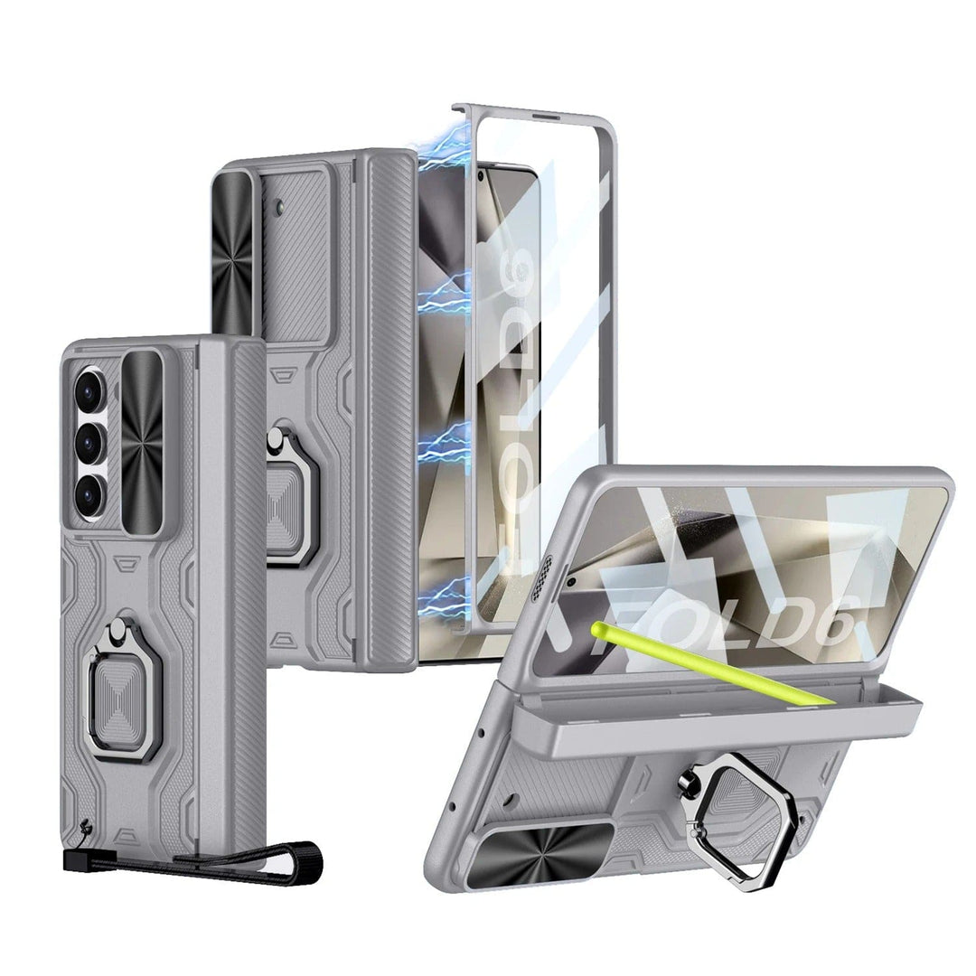 FRATO Fold 6 Collection Gray Samsung Galaxy Z Fold 6 Armor Magnetic Hinge Camera Protection Pen Holder Stand With Film Cover