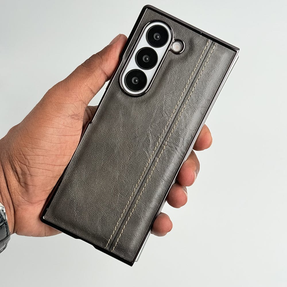 FRATO Fold 6 Collection Gray Samsung Galaxy Z Fold 6 Electroplated Chrome Leather Cover With Front Glass