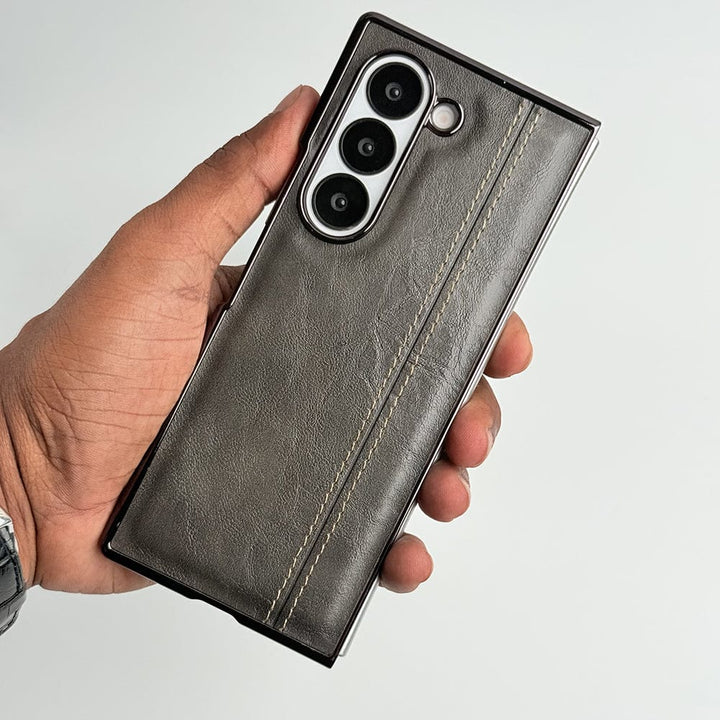 FRATO Fold 6 Collection Gray Samsung Galaxy Z Fold 6 Electroplated Chrome Leather Cover With Front Glass