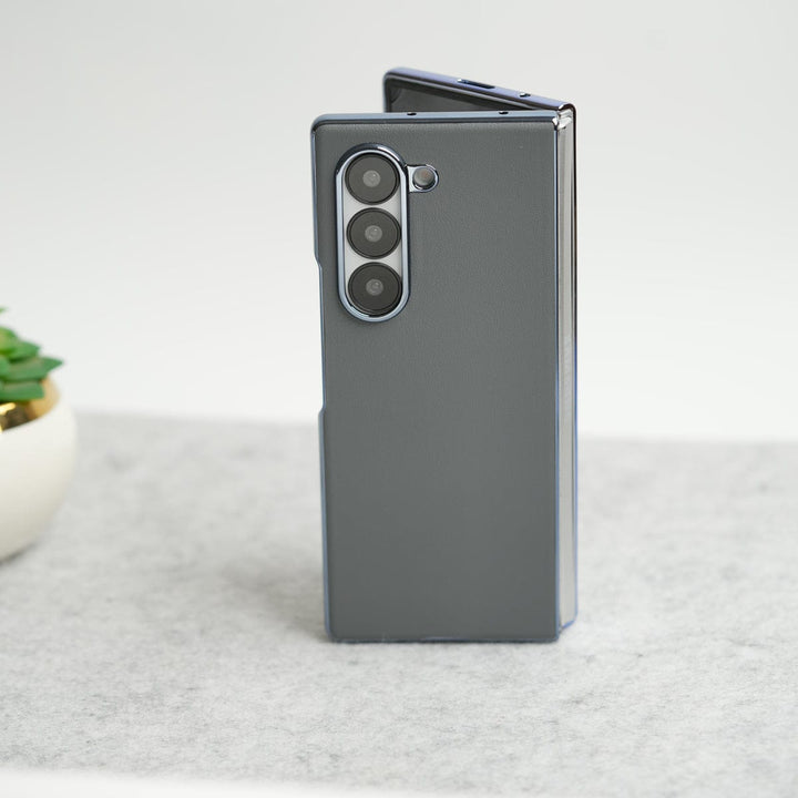 FRATO Fold 6 Collection Gray Samsung Galaxy Z Fold 6 Glossy Chrome Plated PU Leather Skin Case Cover