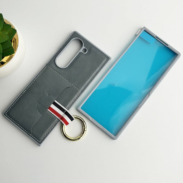 FRATO Fold 6 Collection Gray Samsung Galaxy Z Fold 6 PU Leather Card Holder Loop Front Screen Protector Case Cover