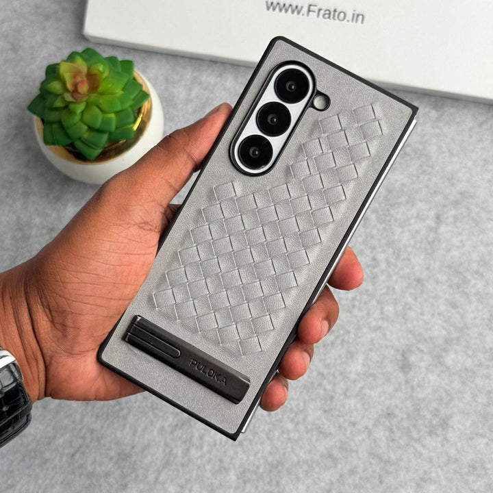 FRATO Fold 6 Collection Gray Samsung Galaxy Z Fold 6 PU Weave Leather with Metal Kickstand Slim Back Cover