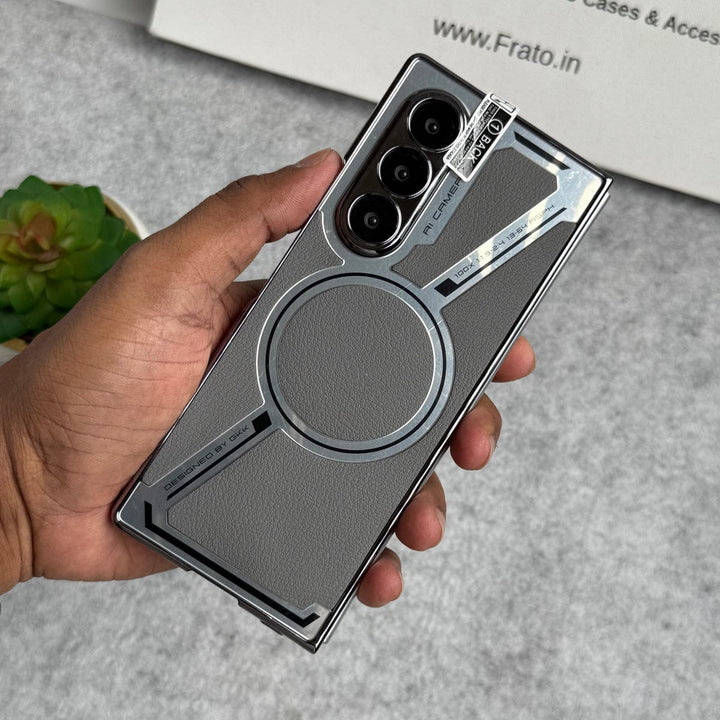 FRATO Fold 6 Collection Gray Samsung Galaxy Z Fold 6 Z Shape Electroplated Magnetic PU Leather Wireless Charging Case Cover