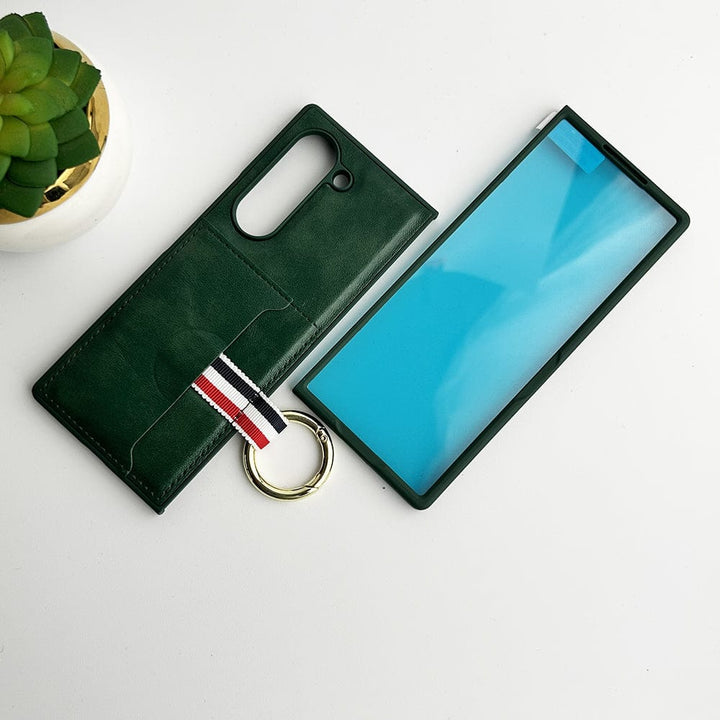 FRATO Fold 6 Collection Green Samsung Galaxy Z Fold 6 PU Leather Card Holder Loop Front Screen Protector Case Cover