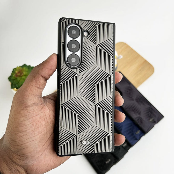 FRATO Fold 6 Collection Grey 3D Cube Design Samsung Galaxy Z Fold 6 Slim Rubberize 3D Cube Pattern Cover