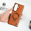 Galaxy Z Fold 6 Ultra PU Leather Chrome Side Case With Ring Metal Stand