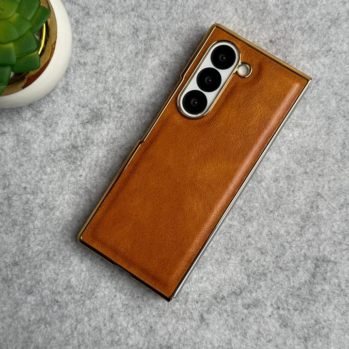 FRATO Fold 6 Collection Light Brown Samsung Galaxy Z Fold 6 PU Leather Chrome Plated Front Screen Protector Case Cover