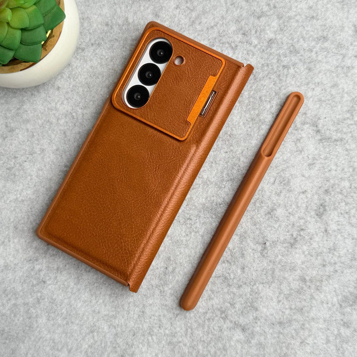 FRATO Fold 6 Collection Samsung Galaxy Z Fold 6 Premium Leather Textured Flip Case with Metal Kick Stand Cover