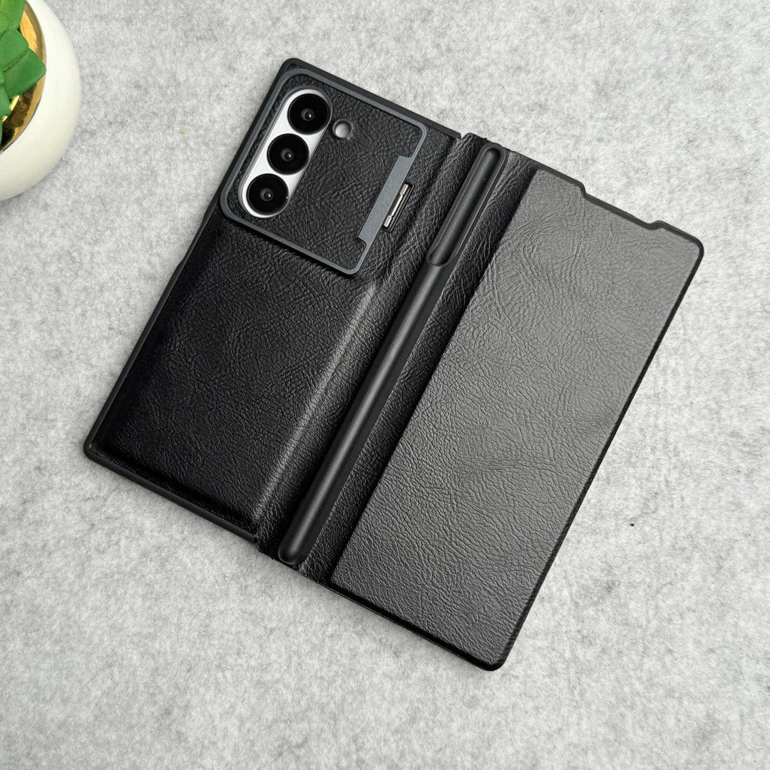 FRATO Fold 6 Collection Samsung Galaxy Z Fold 6 Premium Leather Textured Flip Case with Metal Kick Stand Cover