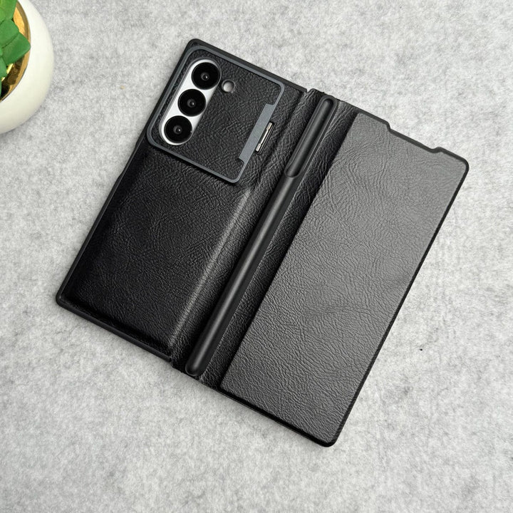 FRATO Fold 6 Collection Samsung Galaxy Z Fold 6 Premium Leather Textured Flip Case with Metal Kick Stand Cover