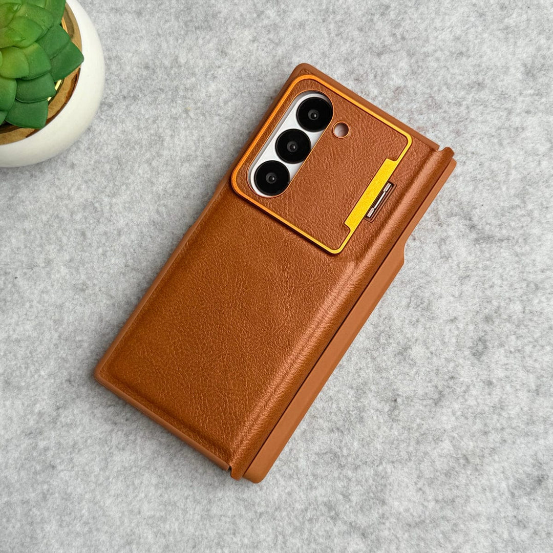 FRATO Fold 6 Collection Samsung Galaxy Z Fold 6 Premium Leather Textured Flip Case with Metal Kick Stand Cover