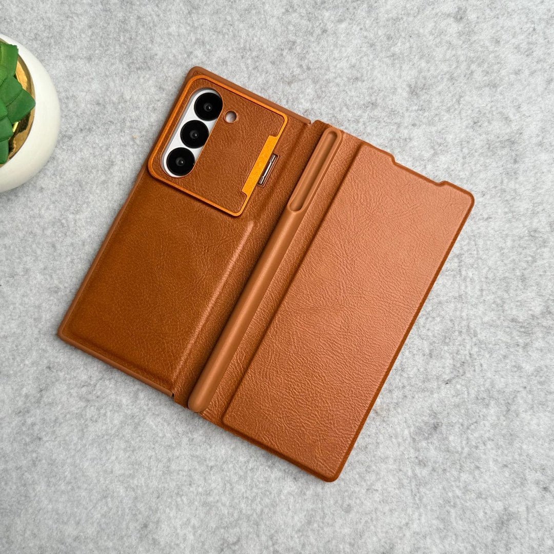 FRATO Fold 6 Collection Samsung Galaxy Z Fold 6 Premium Leather Textured Flip Case with Metal Kick Stand Cover