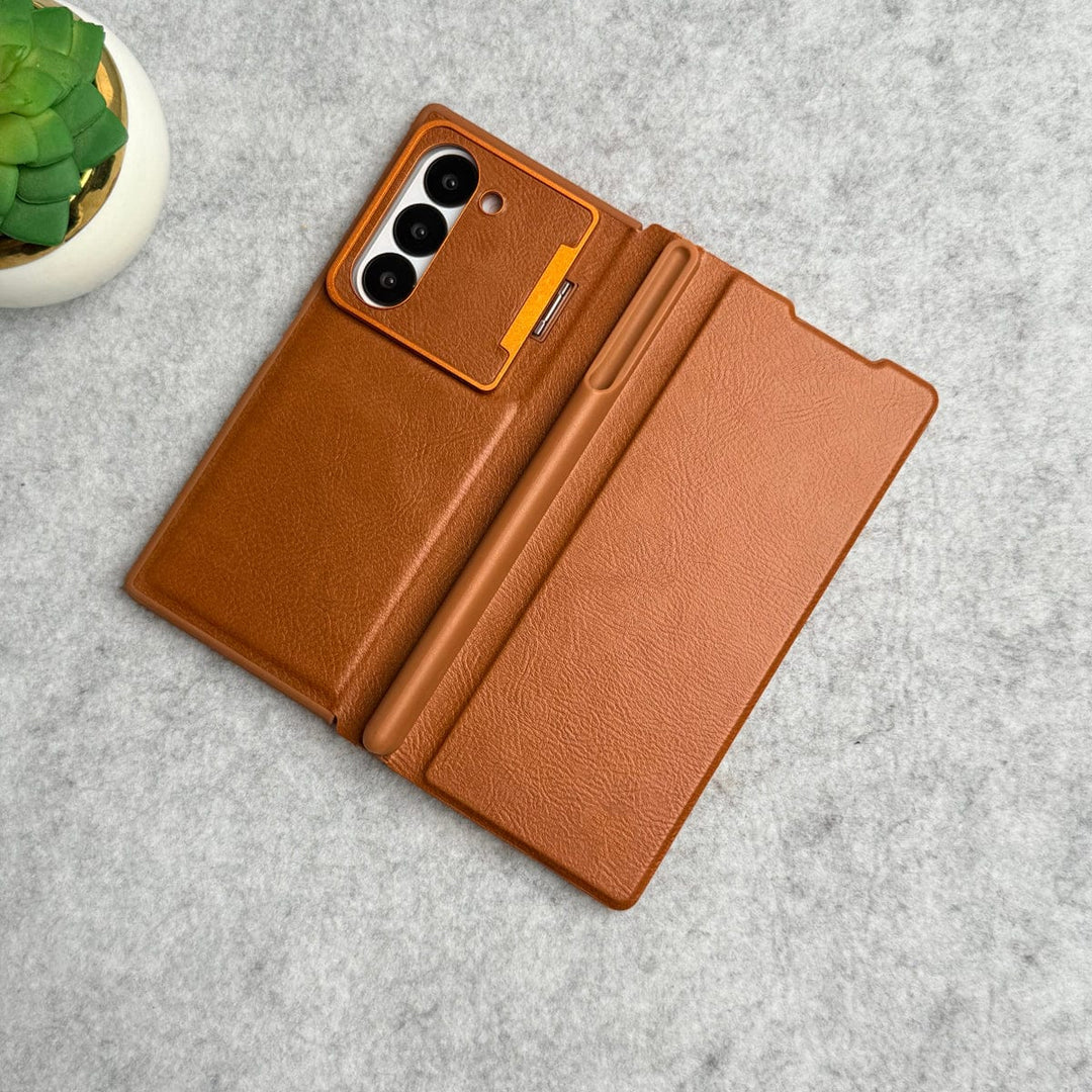 FRATO Fold 6 Collection Samsung Galaxy Z Fold 6 Premium Leather Textured Flip Case with Metal Kick Stand Cover